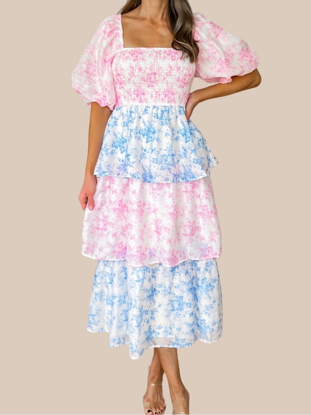 Peach Love California Pink and Blue Floral Tiered Midi Dress